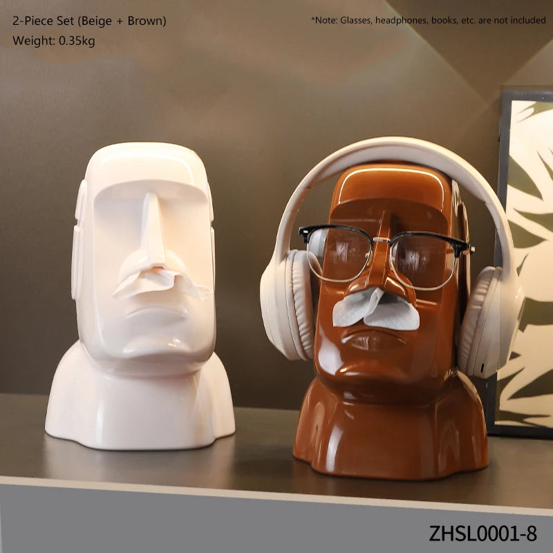Creative Moai Stone Statue Tissue Box Glasses Holder Head Mounted Earphone Stand Home Multifunctional Decorative Ornament Gift