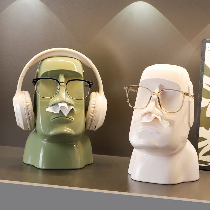 Creative Moai Stone Statue Tissue Box Glasses Holder Head Mounted Earphone Stand Home Multifunctional Decorative Ornament Gift