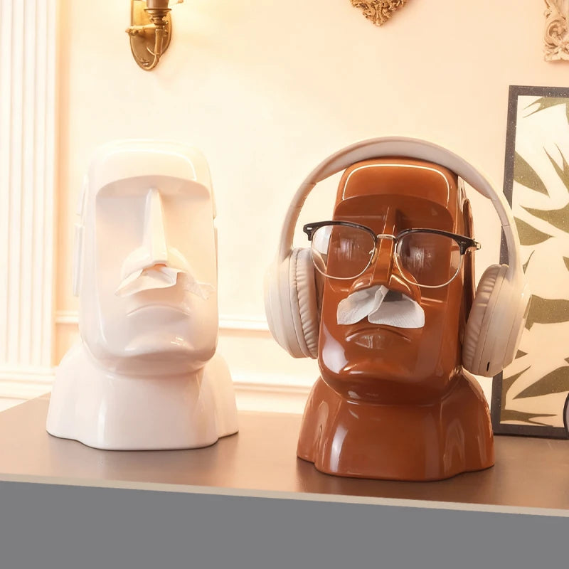 Creative Moai Stone Statue Tissue Box Glasses Holder Head Mounted Earphone Stand Home Multifunctional Decorative Ornament Gift
