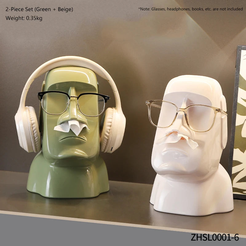 Creative Moai Stone Statue Tissue Box Glasses Holder Head Mounted Earphone Stand Home Multifunctional Decorative Ornament Gift