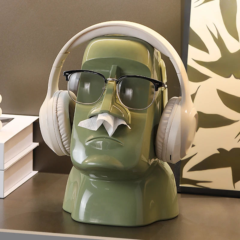 Creative Moai Stone Statue Tissue Box Glasses Holder Head Mounted Earphone Stand Home Multifunctional Decorative Ornament Gift