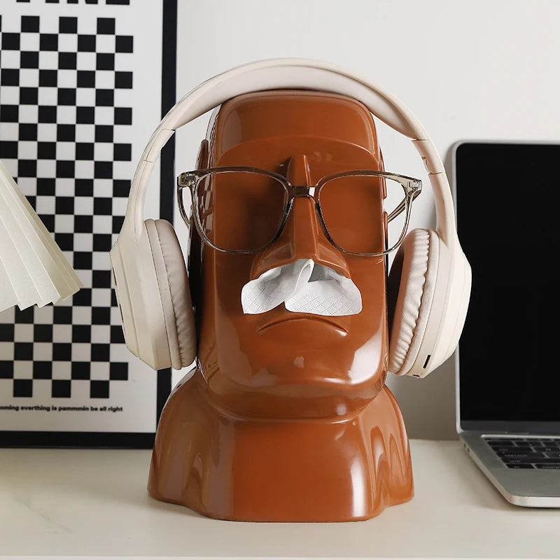 Creative Moai Stone Statue Tissue Box Glasses Holder Head Mounted Earphone Stand Home Multifunctional Decorative Ornament Gift