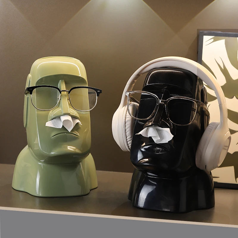 Creative Moai Stone Statue Tissue Box Glasses Holder Head Mounted Earphone Stand Home Multifunctional Decorative Ornament Gift